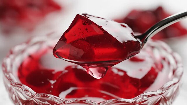 Close-up of a spoon scooping red cherry jelly with whole cherries in a crystal bowl