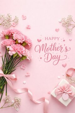 Pink carnations with ribbon and gift box on pastel background with text happy mother's day celebration