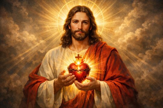 Sacred Heart of Jesus glowing in divine light, spiritual painting with golden rays and compassionate gaze
