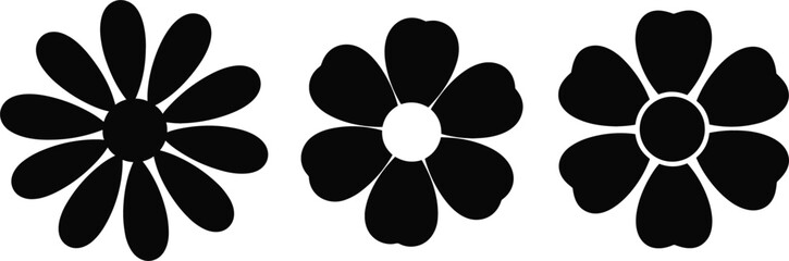 Black flower silhouette set with different petal shapes isolated on white background floral vector illustration