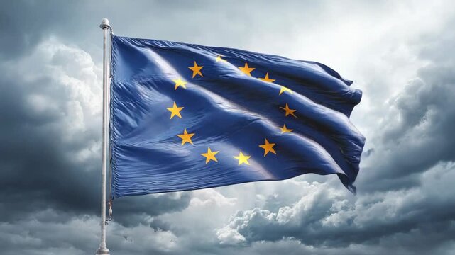 European Union flag waving in dramatic cloudy sky symbol of unity peace and cooperation
