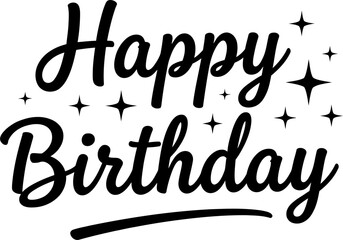 Fototapeta premium Happy Birthday elegant script lettering with sparkle stars, celebration party typography, festive greeting, minimalist art