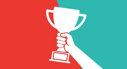 Hand holding a trophy on a red and teal background.
