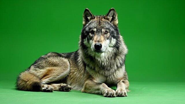 Wolf lying on green screen studio floor