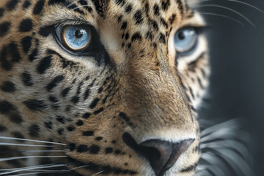 Leopard face close up with sharp blue eyes and detailed fur texture showing natural wild animal beauty and intense gaze in high contrast lighting