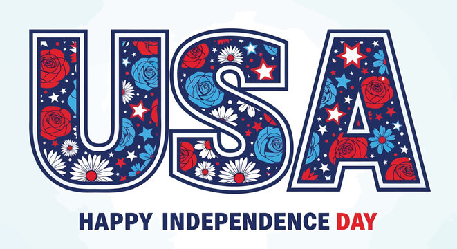 USA Happy Independence Day floral pattern typography vector graphic