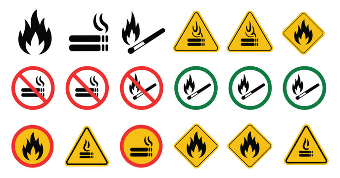 No open fire, no smoking icon symbol, vector illustration of prohibition, forbidden, and not allowed signs, isolated on white background, representing safety, fire prevention, hazard awareness, and 