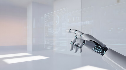 Futuristic AI Robot Hand Touching Virtual Screen Interface