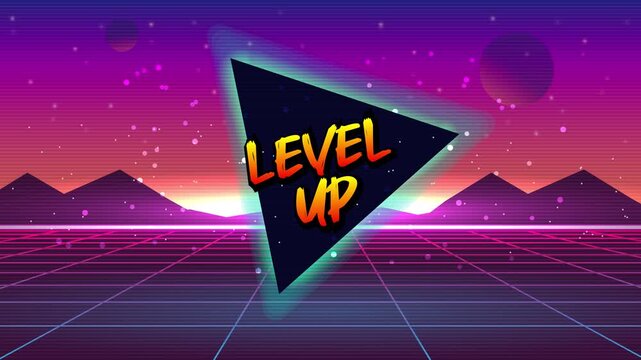 LEVEL UP !! text on pink blue background.pixel art .8 bit game.retro game. for game assets in vector illustrations.	
