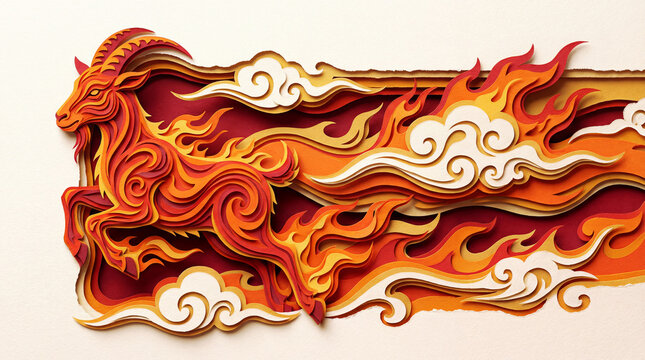 Fiery layered paper cut goat art for Chinese New Year 2027 zodiac celebration cards, festive calendars, cultural blogs, and Asian new year websites