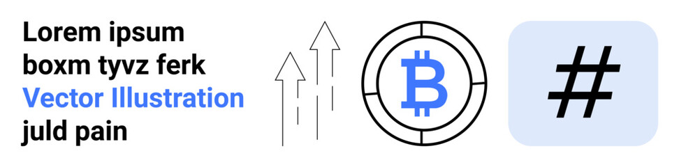 Fototapeta premium Bitcoin logo in a circle, upward arrows, a metadata tag on a blue square. Ideal for cryptocurrency, financial growth, digital marketing, blockchain, trends, social media simple landing page