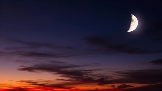A serene nighttime landscape featuring a crescent moon, clouds, and vibrant colors.