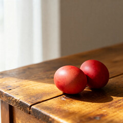 Traditional Orthodox Easter red eggs on rustic wooden table