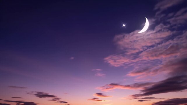 A serene twilight sky with a crescent moon, a bright star, and wispy clouds painted with soft hues.