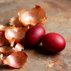 Orthodox Easter red eggs with natural onion skin dye concept