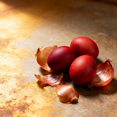 Orthodox Easter red eggs with natural onion skin dye concept