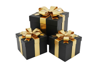 Obraz premium Three black gift boxes with gold ribbons stacked and decorative on transparent background