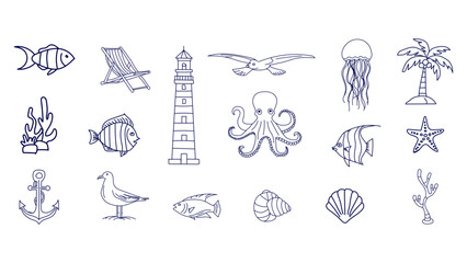 Fototapeta premium A collection of beach icons in a blue line art style