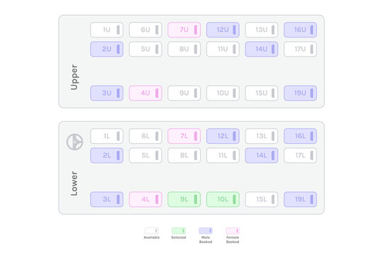 Sleeper Coach Bus Seat Reservation Concept with Coach Seat Map Layout for Bus Ticket Booking Vector Illustration