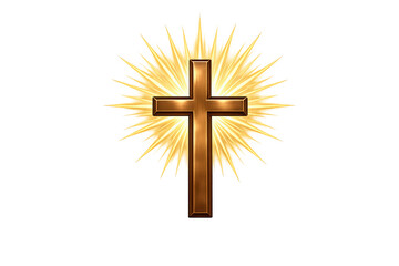Christian cross with golden light rays radiating, symbolizing faith, spirituality, hope, divinity, and divine grace
