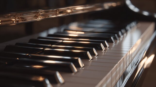 Close up view of a grand piano keyboard reflecting warm light and shadows