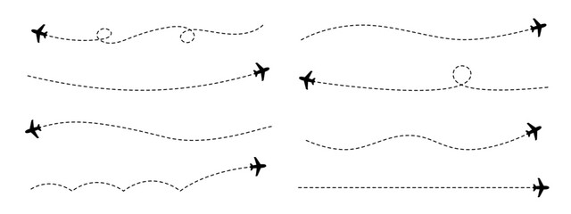 飛行経路のイラストセット。飛行機のシルエットアイコンと破線で表現された航路。 ©  Mercer