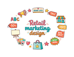 Fototapeta premium Retail marketing design. Hand drawn illustration of Retail marketing design. promotion banner, megaphone,