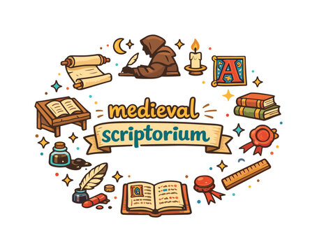 medieval scriptorium. Hand drawn illustration of medieval scriptorium. monk silhouette, parchment scroll,