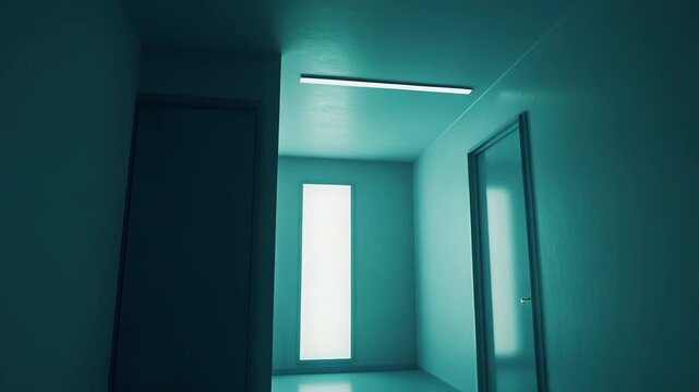 Minimalist hallway with clean lines leading to a glowing light panel, empty and silent, evoking suspense, uncertainty, and the quiet threshold of an unknown destination