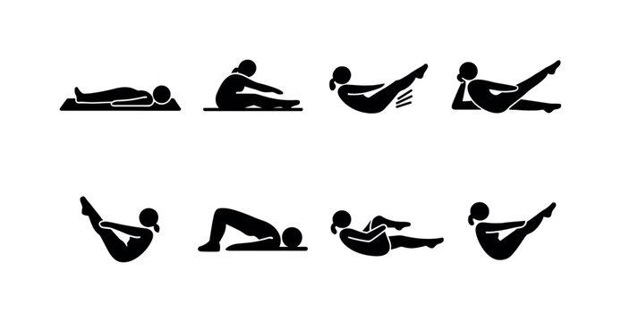 Pilates training exercises. Filled icon set of Pilates training exercises: mat pilates pose,