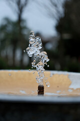 Water Splash from Drinking Fountain in Park &ndash; Blurred Background. Fresh Water Droplets from Resort Drinking Fountain, Shallow Depth of Field