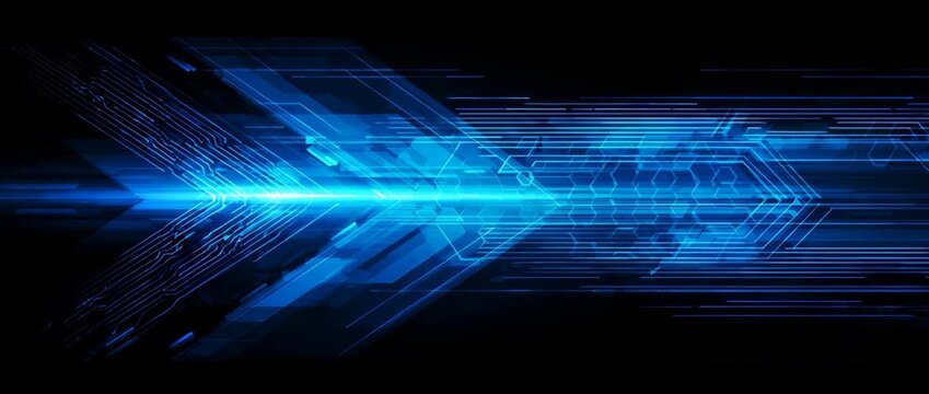 Abstract glowing blue circuit lines forming a dynamic arrow pattern 