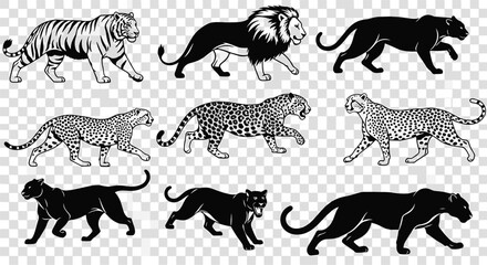 Dynamic big cats silhouette set in action poses vector collection © Md