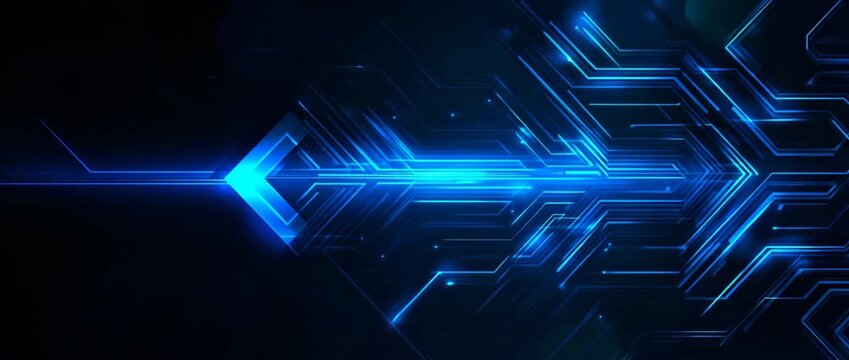 Abstract glowing blue circuit lines forming a dynamic arrow pattern 