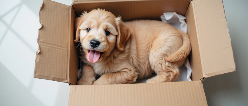 Golden retriever puppy cute dog playful happy sitting in cardboard box indoors adorable young pet light brown fur