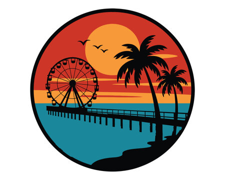 Santa Monica Pier California vector logo, retro sunset beach illustration with palm trees and ferries wheel, summer vacation travel icon, round vintage sticker style for West Coast design projects, 