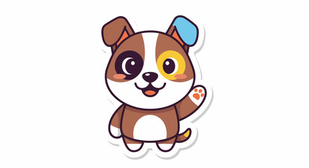 Fototapeta premium Adorable Waving Puppy Dog Cartoon Character Sticker with Patchy Fur and Friendly Smile