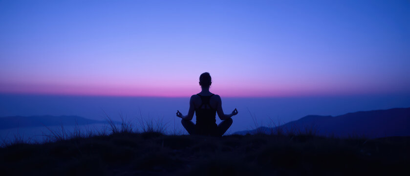 Woman yoga meditation silhouette sunset mountain grass peaceful outdoor calm Serene woman practicing yoga meditation silhouette sunset mountain