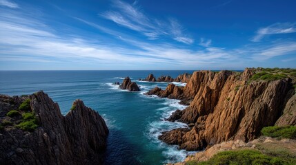 Fototapeta premium Serene Coastal Landscape with Rugged Cliffs and Turquoise Waters Under a Bright Blue Sky, Ideal for Nature and Travel Enthusiasts