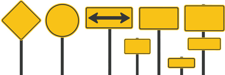 Realistic yellow road sign set, vector icons for top ranked transportation visuals, street and highway graphics, road safety illustrations, navigation app interfaces, directional symbols © Vector Gallery