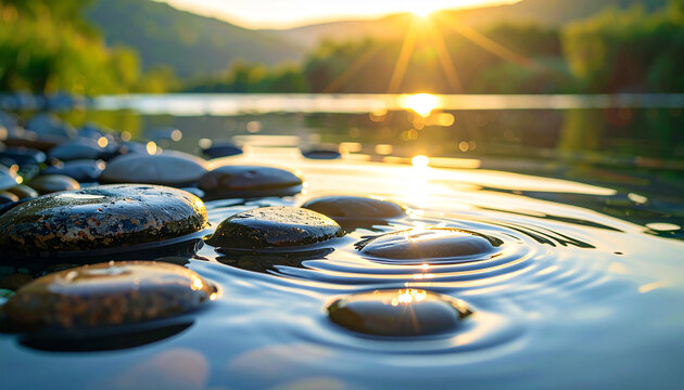 Wet river stones with soft ripples, reflective calm water capturing sunlit hills, peace, meditation