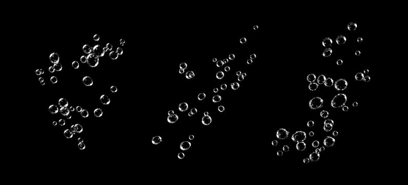 Air bubbles isolated on black background with underwater oxygen effect. Fresh water splash texture, transparent liquid bubbles, soda fizz and abstract aqua elements for design and graphic overlay.