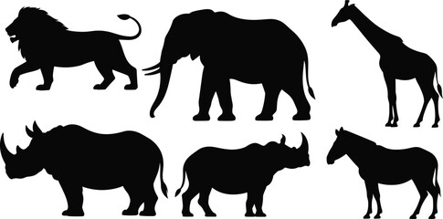 Black safari animal silhouettes collection, African wildlife icons set, savanna creature graphics, elephant and giraffe vector, wild nature zoo design, lion. © Kamrul