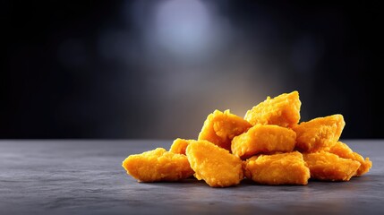 Golden and Crispy Chicken Nuggets Piled on a Dark Surface with Soft Bokeh Background for Delicious Food Photography