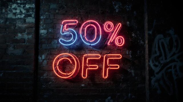 Neon Sign Advertising Fifty Percent Discount.