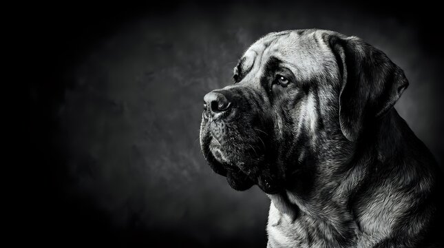Majestic mastiff dog portrait in dramatic black and white photography with moody lighting and dark textured background for pet advertising campaigns.