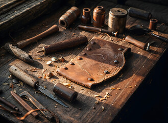 A close-up, photorealistic photograph of a cluttered artisan leatherworker's workbench featuring vintage tools, thread, and a half-stitched leather piece under dramatic natural light.