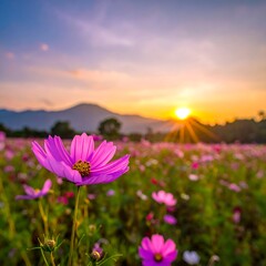 Fototapeta premium Stunning field of blooming pink flowers at sunset, mountains, and sun rays visible