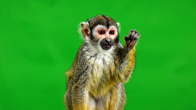 Monkey on green screen waving at camera