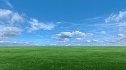 Fototapeta premium Vast Green Field Under a Bright Blue Sky with Fluffy White Clouds for Nature, Landscape, and Outdoor Themes